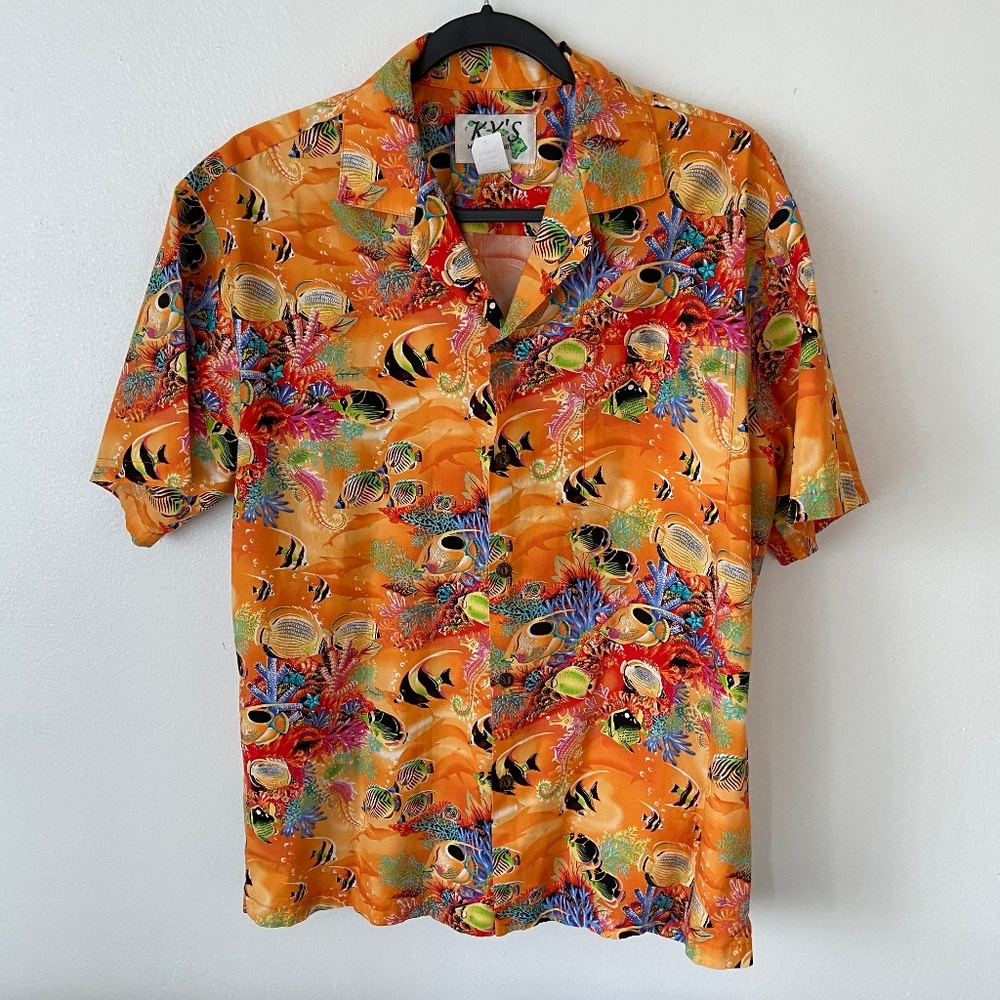 Vintage KY's Hawaiian Shirt Mens Medium Colorful Beach Fish AOP Aloha Button Up